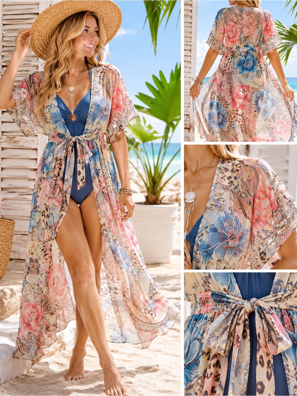 Women’s Floral Kimono Beach Cover Up Sequin Sleeves Tie Waist NWOT Boho - Picture 1 of 5